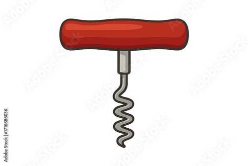 Wine bottle opener with red handle, isolated corkscrew vector. Color flat icon of a tool to uncork drinks and beverages. Metal spiral for opening wine bottles. Barware element.