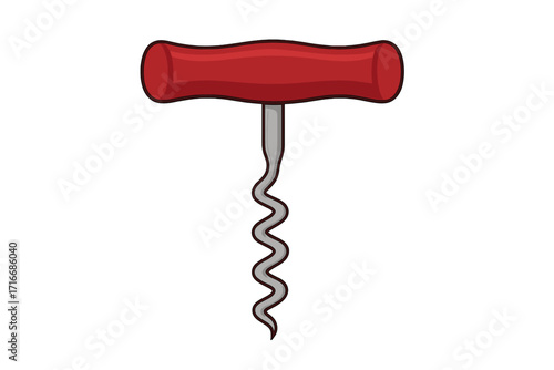 Corkscrew wine bottle opener with red handle. Vector illustration of a bar tool for uncorking wine. Kitchen utensil icon for beverages. Sommelier equipment flat design isolated.