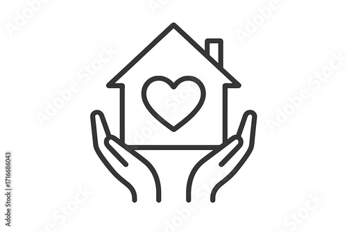 House with heart in hands icon. Home care, safe housing, family love and support concept. Charity, real estate, insurance, social help vector thin line illustration.
