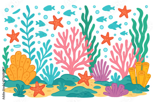 Colorful underwater reef with vibrant corals, starfish, tropical fish, seaweed, bubbles, marine life pattern design, ocean flora and fauna illustration, aquatic ecosystem art