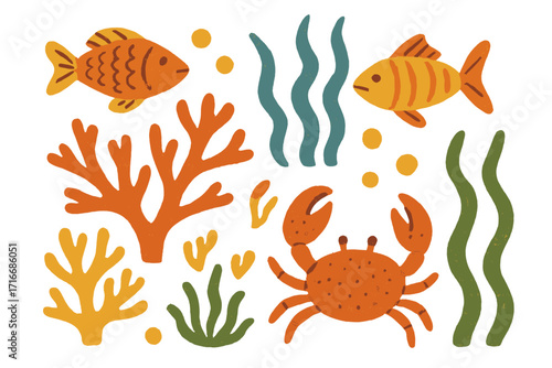 Vintage summer underwater concept poster or card with naive abstract hand drawn fish, colorful coral reefs, seaweed plants, orange crab, summer holidays, sea theme, vacation travel vector art