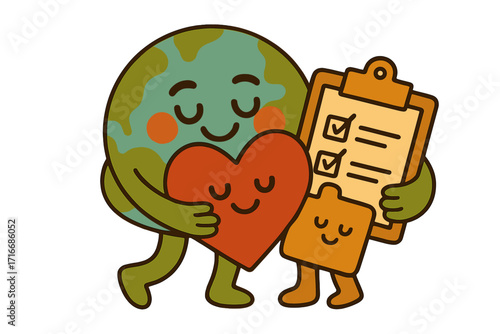 World Heart Day and Earth Day concept. Cute retro cartoon Earth character hugging a heart and a health checklist clipboard. Global health, environment care, and love vector.
