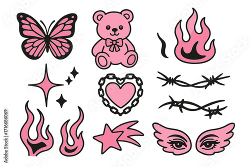 Y2K glamour pink and black elements set. Butterfly, kawaii bear, fire flame, chain heart, barbed wire tattoo. Trendy emo goth 2000s style icons. Vector collection.