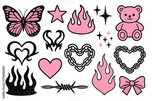 Y2k glamour elements set. Pink and black icons. Butterfly, bear, fire, chain heart, tattoo in trendy emo goth 2000s style. Cute vector girly sticker pack collection.