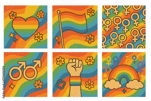 Set of 6 retro Pride month cards for social media. Groovy 70s style LGBTQ+ banners with rainbow backgrounds, hearts, flags, and gender symbols. Queer love and equality concept.