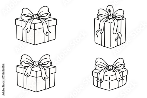 Coquette present gift boxes set. Hand drawn linear retro bow knots. Vector illustration for Valentine's day gift, wedding celebration, birthday, holiday, party surprise.