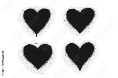 Set of spray-painted graffiti heart signs in black. Hand drawn dirty grungy love symbols. Textured vector illustration collection. Urban street art stencil aerosol drip drawing.
