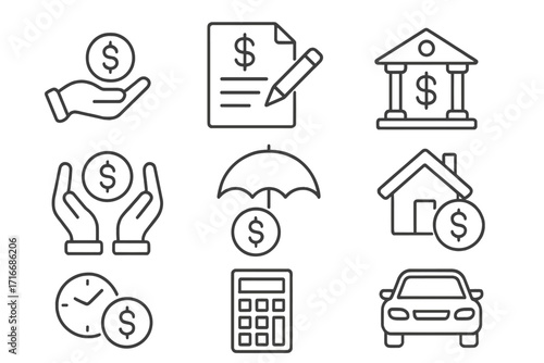 Loan and financing thin line icon set. Financial services, credit solutions, bank money, mortgage. Car loan, insurance, savings, investment vector icons with editable stroke.