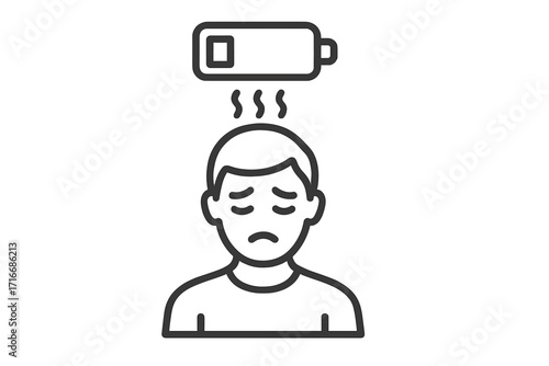 Mental fatigue and burnout icon. Metaphor for professional exhaustion, energy depletion, and chronic tiredness. Stressed, sad person with a low battery symbol. Overwork concept.