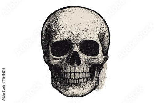 Human skull halftone vector illustration. Vintage anatomical drawing with dotted texture. Retro 90s grunge style clipart. Death, horror, and Halloween concept art design.