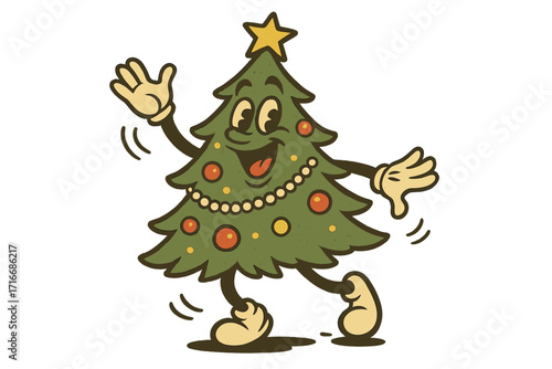 Retro cartoon Christmas tree character dancing. Merry and bright holiday mascot for greeting cards. Vintage comic style vector for Christmas and New Year celebration party.
