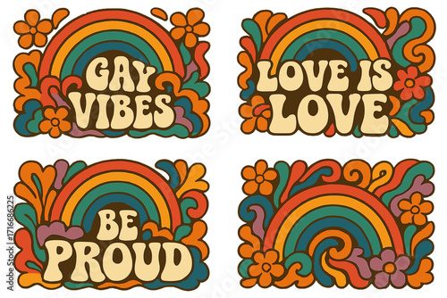 Set of Pride Month posters in retro 60s 70s style. Groovy psychedelic greeting cards with rainbow and queer slogans. LGBT love is love, be proud, gay vibes vector collection.
