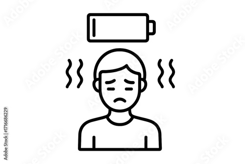 Mental fatigue and burnout icon. Vector illustration of a tired person with low energy and battery. Concept of emotional exhaustion, depression, stress, and chronic tiredness.