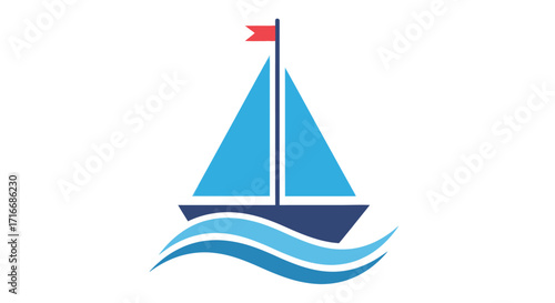 Simple Illustration of a Blue Sailboat on Wavy Water against a White Background offering a