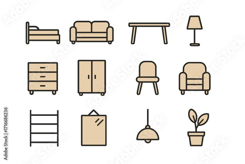 Home essentials furniture and accessories icon set. Minimalist vector cartoon illustration. Interior design line art. Sofa, bed, chair, lamp, table, plant, wardrobe icons.