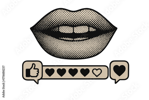 Customer feedback concept. Social media rating with halftone mouth. Like, comment, heart icons. Review bar for 5 star satisfaction. Vintage vector pop art with paper texture.