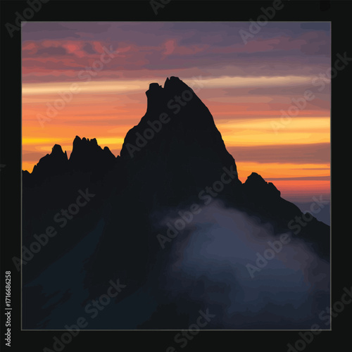 Mountain Peak Silhouette Vector Illustration Isolated Against Dramatic Sky Art Backdrop