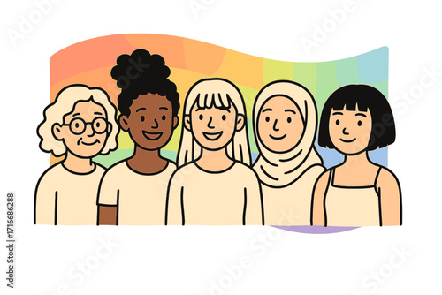 Women of different ages and races stand together. International Women's Day, March 8. Feminism, sisterhood, empowerment, and equality concept. Diverse community vector.