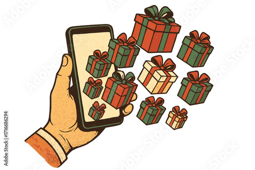Christmas online shopping vintage concept. Hand holds smartphone with gift boxes flying out. Retro halftone style for holiday sales, Cyber Monday, Black Friday, and e-commerce.