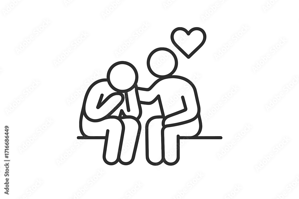 Fototapeta premium Empathy and compassion icon. Person comforting a sad friend. Mental health, psychology and emotional support concept. Helping hand in depression, grief and sorrow.