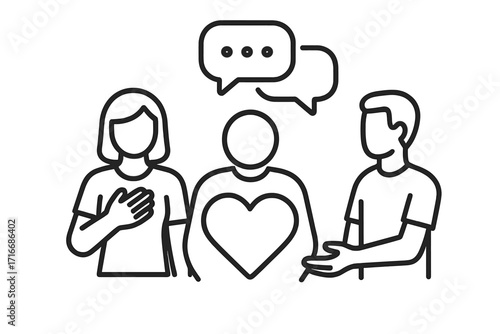 People volunteering with heart icon. Expressing empathy, emotional communication, supportive dialogue. Mental health support concept. Vector thin line illustration editable stroke.