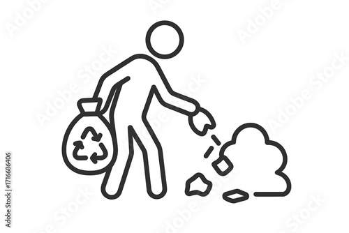 Man collecting trash icon for environmental cleanup. Vector concept of volunteering, recycling, and social responsibility. Person cleaning up garbage to protect nature and fight pollution.