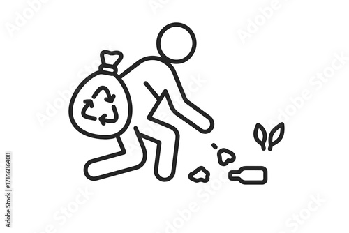Person collecting trash icon. Volunteer picking up litter for community cleanup. Environment, recycling, responsibility, conservation, and ecology concept. Thin line vector.