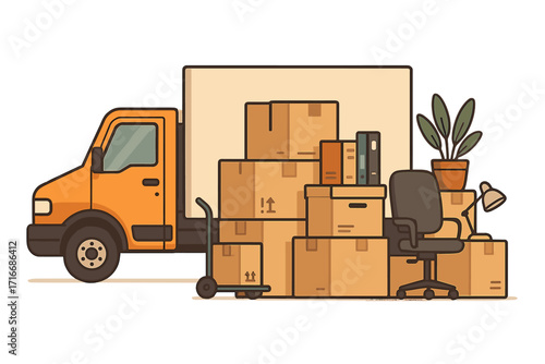 Office moving concept with transport truck, cardboard boxes, and furniture. Business relocation and logistics service. Packing and delivery for a new commercial space. We've moved.