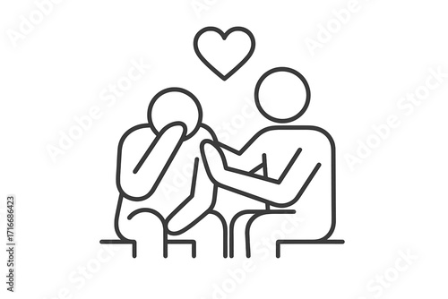Concept of compassion, empathy and support. Friend comforting a sad person. Kindness, help and emotional care. Mental health, depression and grief thin line vector icon.