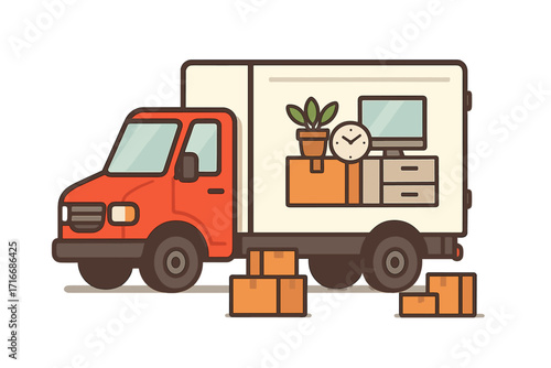 Office moving concept. Red moving truck with cardboard boxes and business furniture like computer, desk and plant. Relocation and transport company service. Vector cartoon.