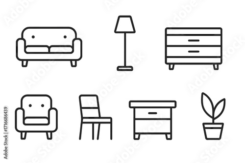 Minimalist home furniture line icon set. Vector collection of simple outline symbols for interior design, web, and apps. Includes sofa, armchair, table, lamp, dresser, plant.