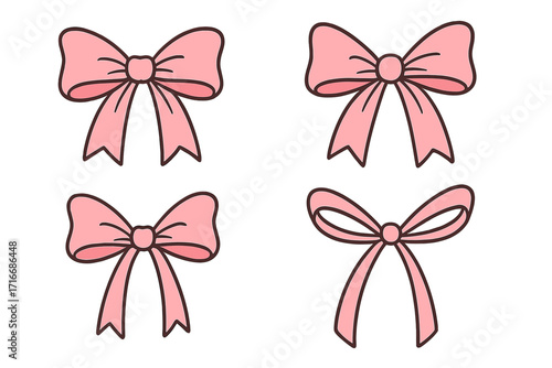 Coquette aesthetic pink bow set. Cute girly hand drawn vector illustration for Valentine's Day. Trendy Y2K knot for gift wrapping, present, decoration and hair accessories.