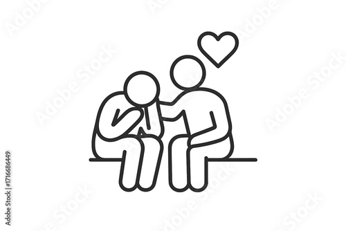Empathy and compassion icon. Person comforting a sad friend. Mental health, psychology and emotional support concept. Helping hand in depression, grief and sorrow.