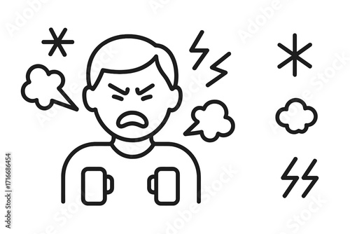 Anger, rage, stress concept icon. Person with tense symbols. Emotional outburst, irritability, aggression. Man screaming. Mental health problem. Negative emotions vector illustration.