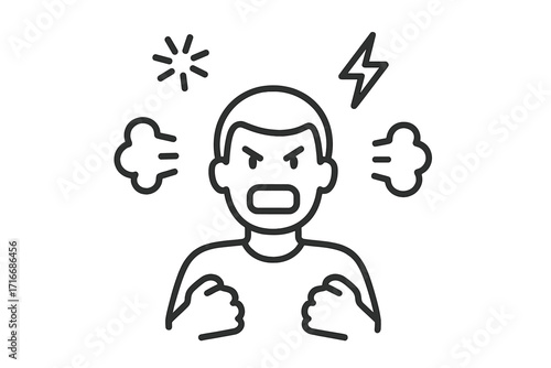 Angry person with tense symbols icon. Emotional outburst, rage, irritability, and stress concept. Man shouting in anger. Mental health crisis. Aggression and frustration.