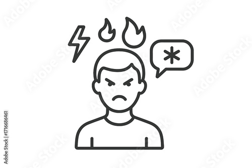 Angry man icon with rage symbols. Concept of stress, frustration, aggression, conflict. Person with emotional outburst, bad mood, irritability. Cursing vector illustration.