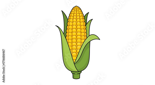 Illustration of a Fresh Corn Cob with Green Leaves, Symbolizing Agriculture