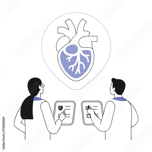Two doctors reviewing medical charts with a heart illustration symbolizing healthcare diagnosis and 