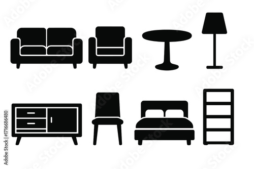 Furniture icon set. Minimalist home decor silhouettes. Modern vector collection of interior design elements. Sofa, armchair, table, bed, lamp, and bookshelf symbols.