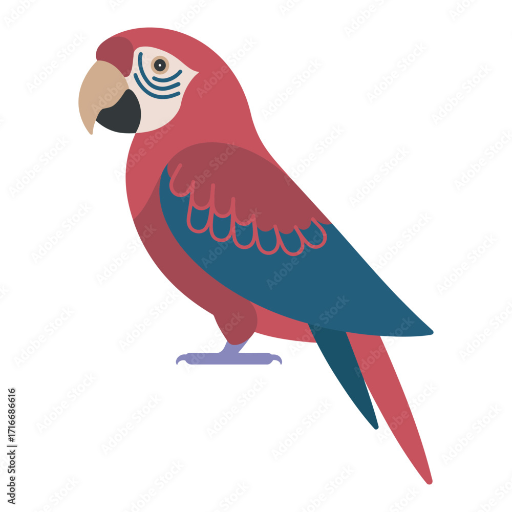 Fototapeta premium Stylized flat vector illustration of a red and blue macaw parrot isolated on a white background. Colorful exotic bird design element