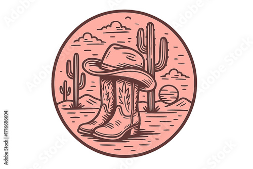 Cowgirl boots and western hat in retro desert landscape. Pink emblem with cactus and sunset. Vintage country line art illustration for t-shirt design. Wild west vector.