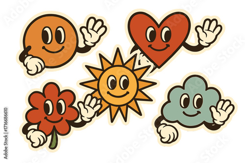 Retro set of cute vintage comic character stickers with gloved hands, hand-drawn abstract mascots including smiling sun, heart, flower, cloud, and circle shapes in colorful style