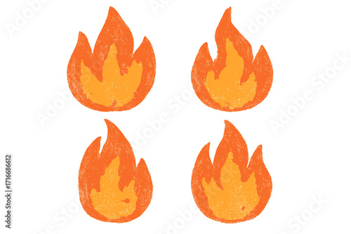Set of vibrant fire flames with crayon pastel chalk texture, colorful childish hand-drawn style, vector cartoon illustration with transparent background, burning fire icons, warm fiery elements design