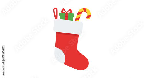 Festive red Christmas stocking with gifts and candy cane illustration design