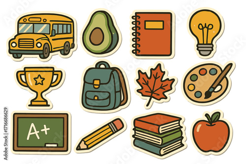 Retro back to school sticker set. Doodle icon collection of education elements like school bus, backpack, book, pencil, apple, trophy, and art supplies vector graphics.