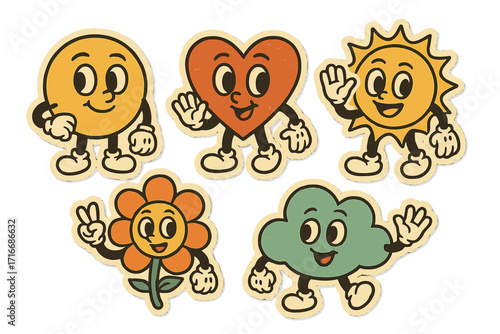 Retro cartoon stickers set with cute comic mascots, hand-drawn smiling circle, heart, sun, flower, and cloud characters with gloved hands, vintage style illustration for fun design