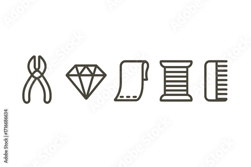 Crafting and hobbies minimalist icon set. Vector line art symbols for sewing, jewelry making, and beauty design concepts. Includes pliers, diamond, fabric, and thread spool.