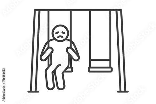 Sad lonely person on swing next to empty seat icon. Loneliness, social isolation, abandonment, depression concept. Psychology, mental health problem metaphor. Grieving loss.