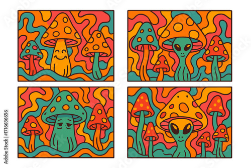 Retro psychedelic hippie posters with trippy magic mushrooms and alien characters. Groovy 70s abstract covers with crazy fungus and fluid acid backgrounds. Vector set.