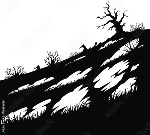 Dark Hillside Vector Illustration Isolated Art with Bare Trees and Bushes on Transparent